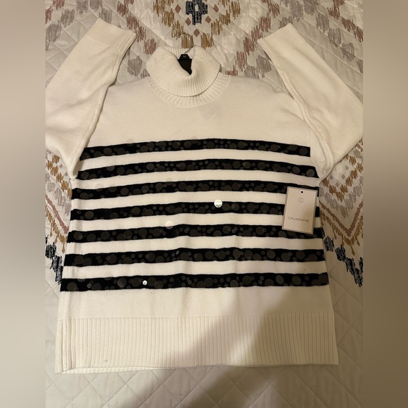 Calligraphie Elegant White Sweater with Black Lace, embellished Stripes. SzL NWT - Picture 6 of 10
